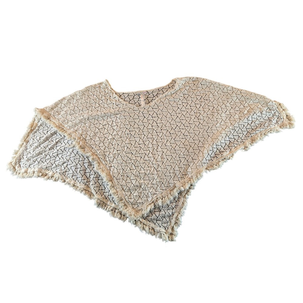 Free People Poncho Women OS Beige Crochet Open Knit Fringe Asymmetrical Trim